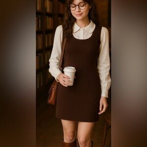 Gianni Bini Matilda Wool Blend Academia Ribbed Square Neckline Mini Dress S